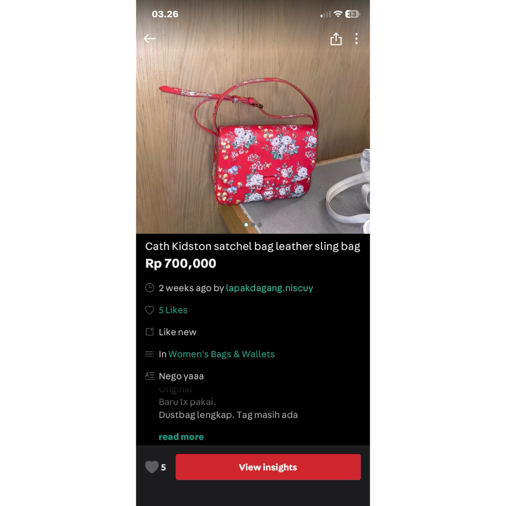 tas cath kidston red flowers original