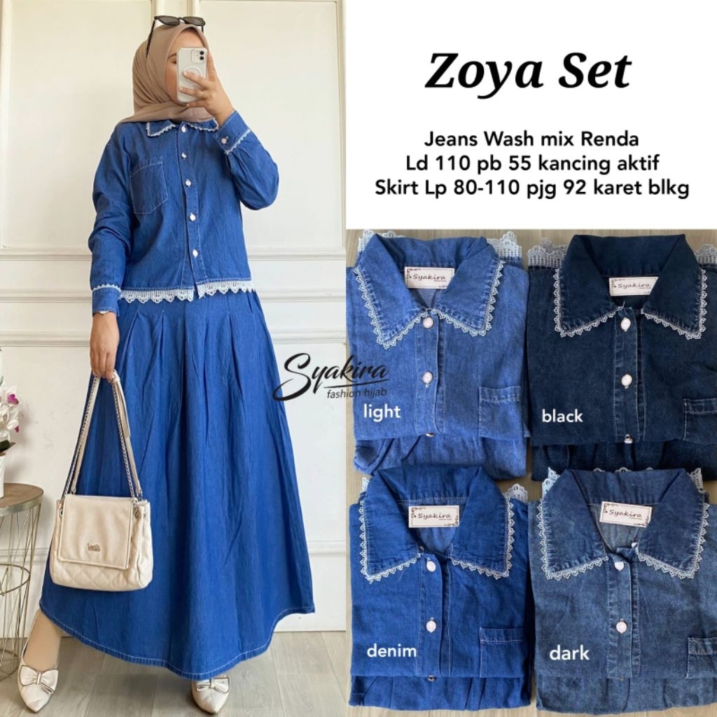AM Zoya set l atasan baju kemeja jeans rok panjang setelan wanita
