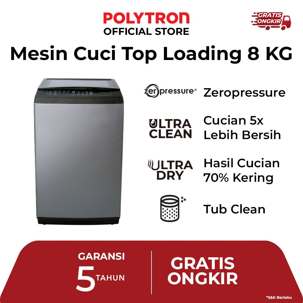MESIN CUCI 1 TABUNG OTOMATIS POLYTRON 8KG GARANSI 5 TAHUN