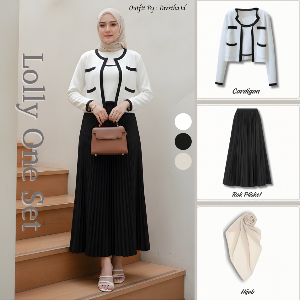 Set Outfit Muslimah 3in1 (Cardigan Putih + Rok Plisket Hitam + Hijab) OOTD Simple Elegan Casual Dail