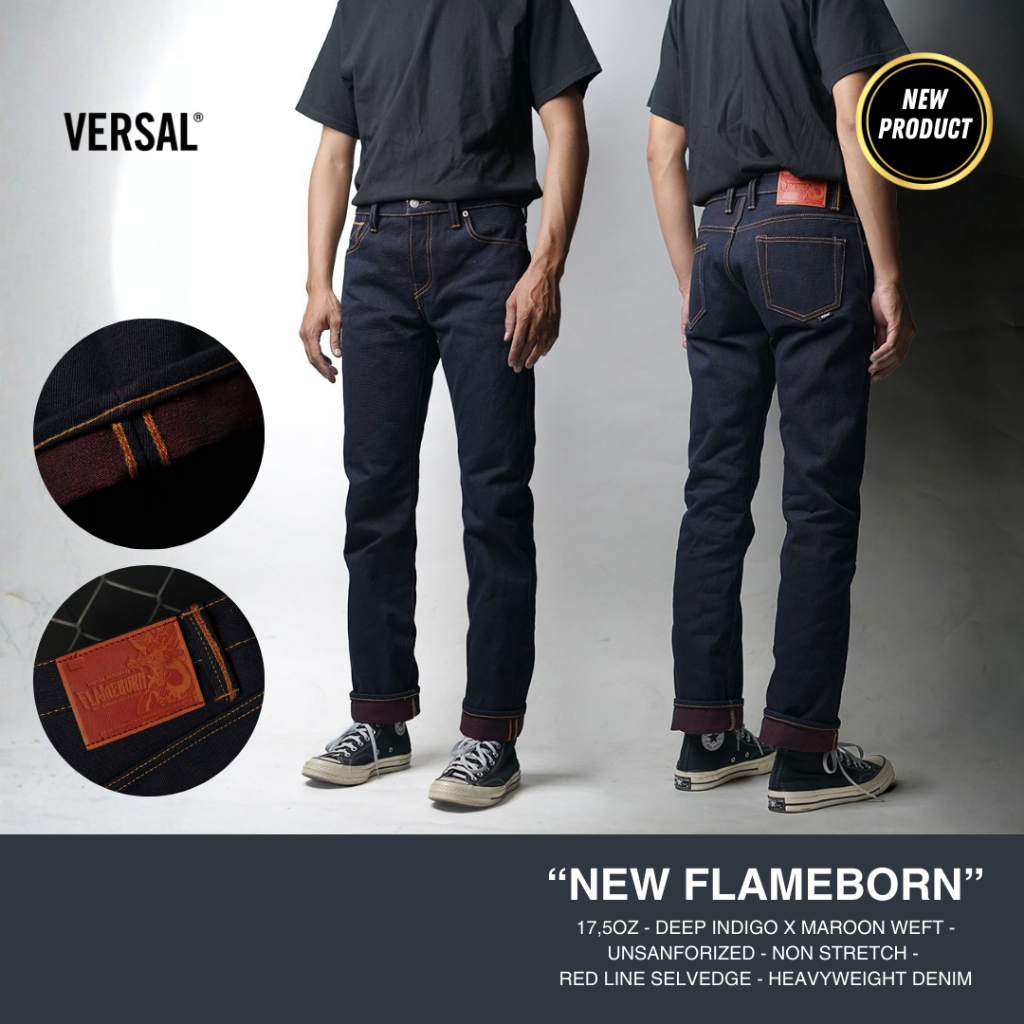 Versal The Finest - NEW FLAMEBORN 17,5oz Indigo x Maroon Weft Unsanforized Selvedge Denim (Ready Sto
