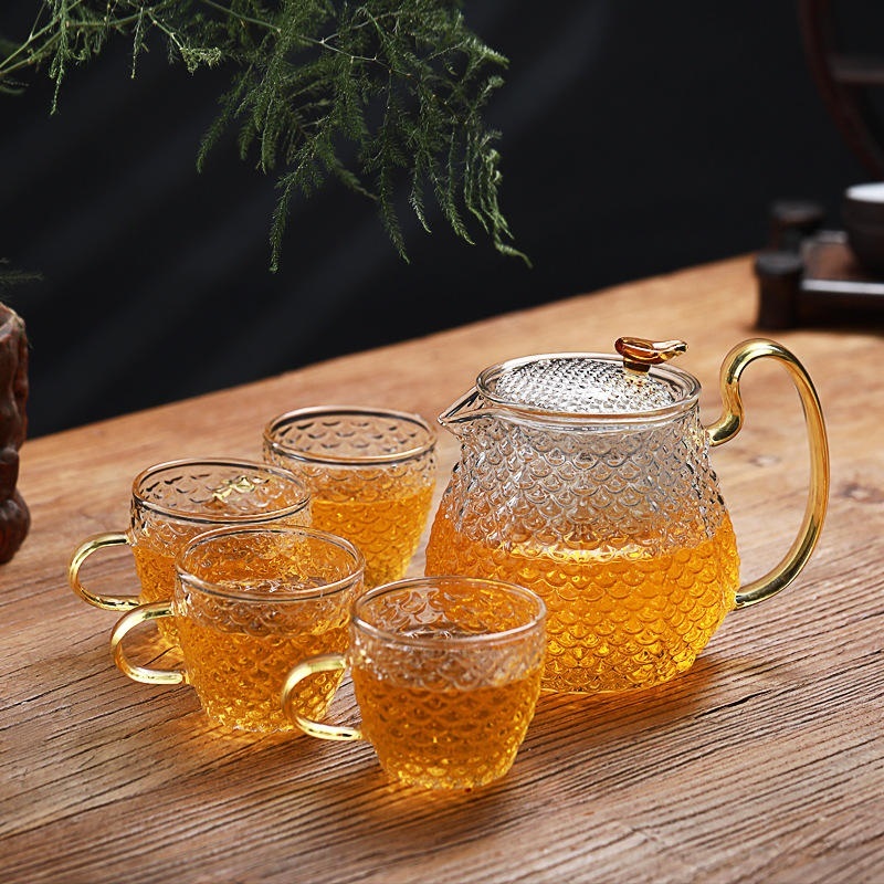 Set Teko Teh 600ml Kaca Bening Tahan Panas dengan 4 Gelas Teapot Heat Resistant Borosilicate