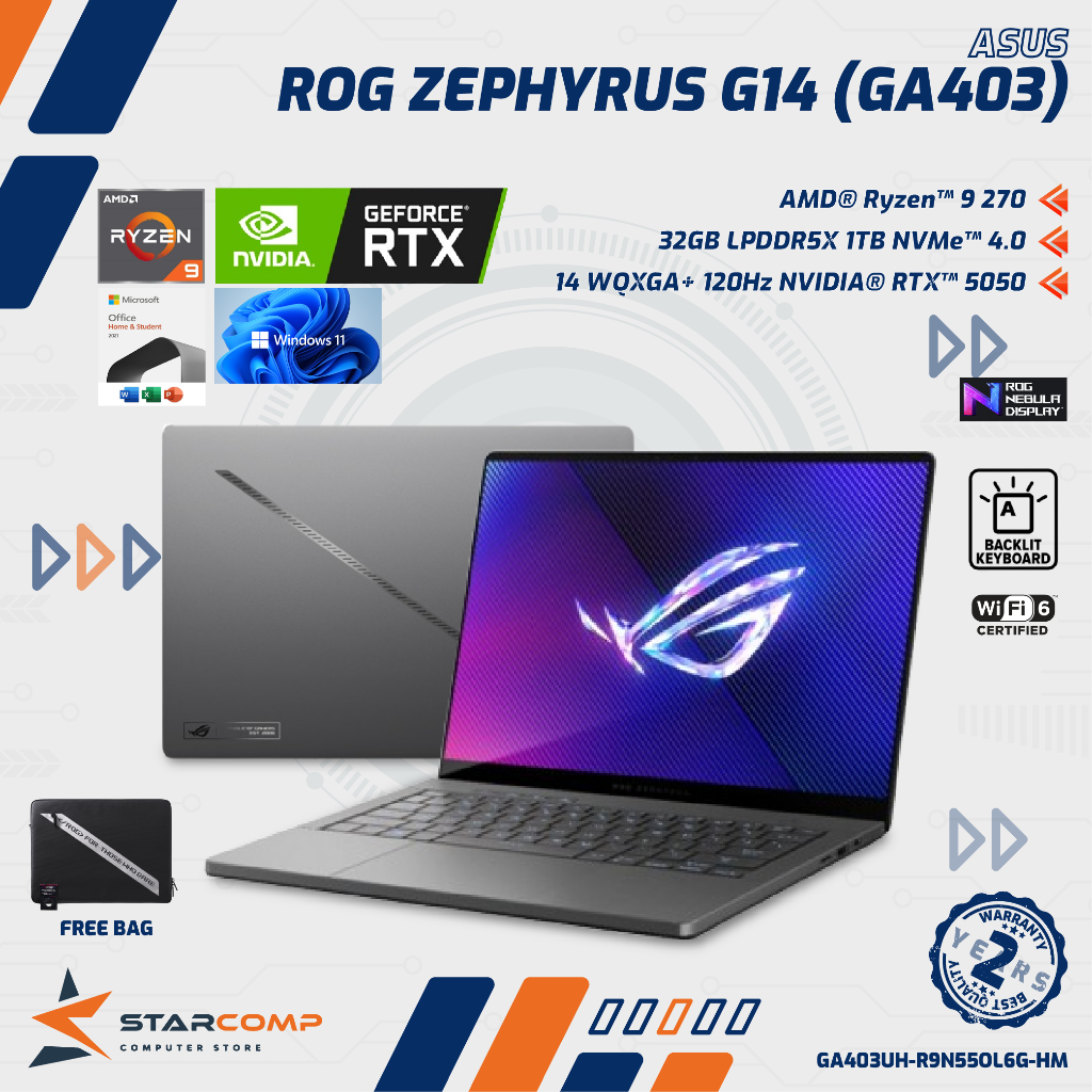 ASUS ROG Zephyrus G14 GA403UH RYZEN 9-270 RTX5050 32GB 1TB 14" WQXGA 120HZ OLED W11 OHS