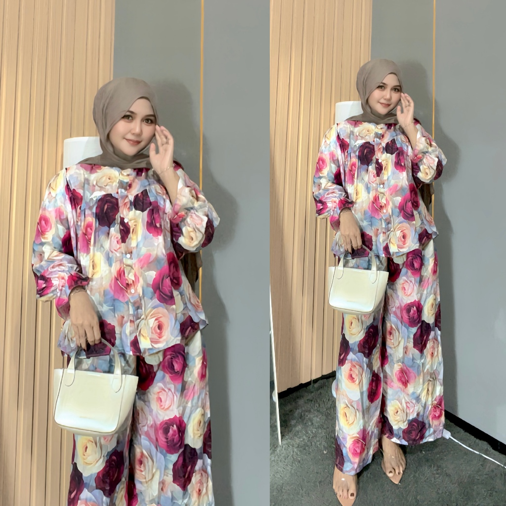 Ns - Nona Setelan Celana Rayon Diamond Puffy Motif Bunga Wanita Elegan