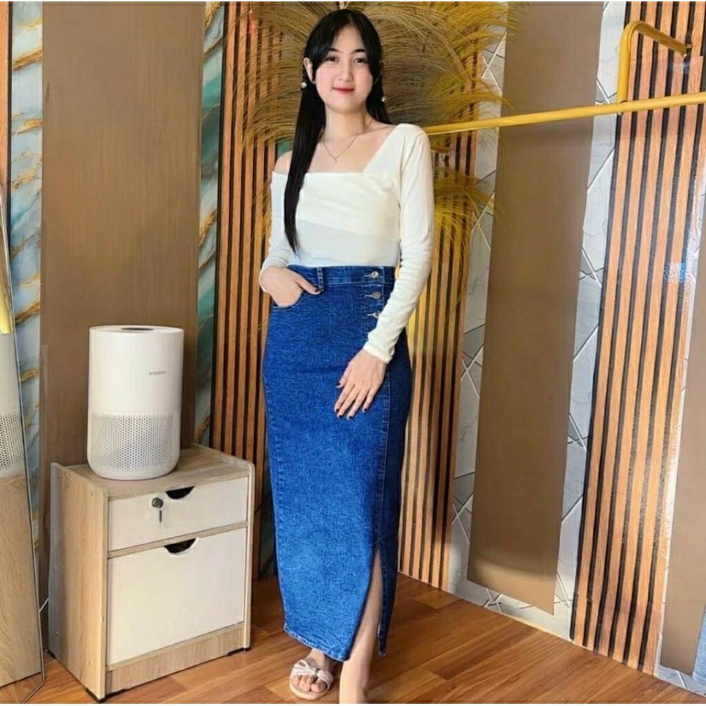 Highwaist Rok Denim Wanita Panjang Tebal Vintage Tersedia Ukuran Jumbo