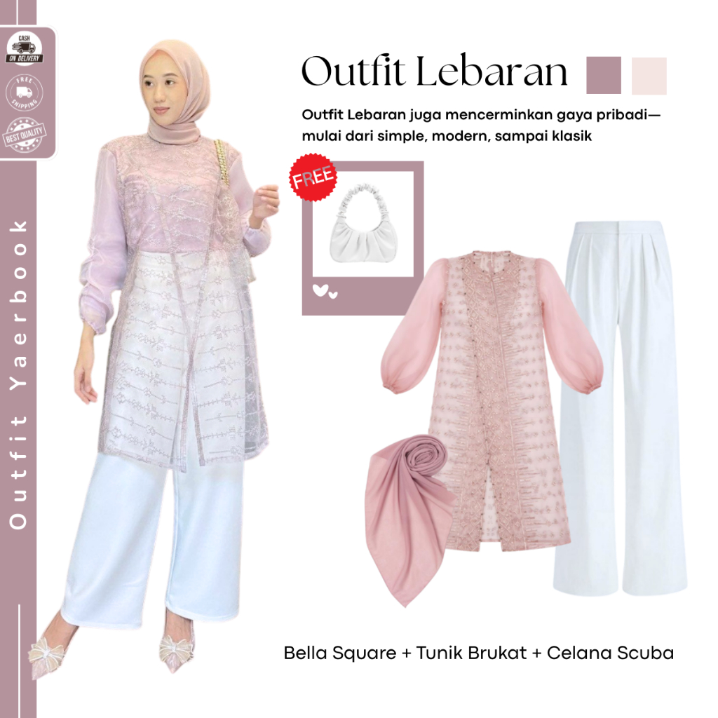 Naomi One Set Lebaran Viral Terbaru ( Bella Square + Outher Brukat + Celana Scuba ) 3 IN 1 One Set H