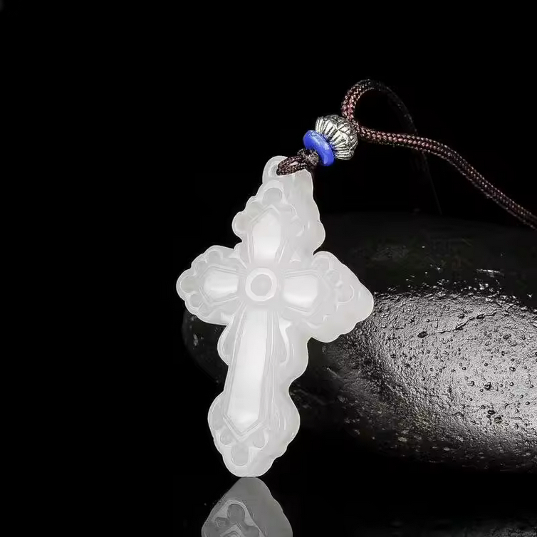 kalung liontin natural batu jade giok putih ukiran lambang Salib uk +- 46 x 30 x 6mm bisa juga sebag