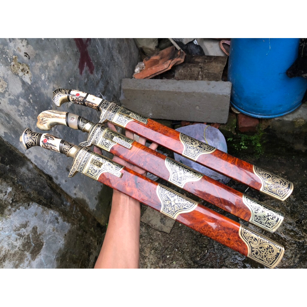 Pisau Sembelih Baja BOHLER N695 40cm 59 HRC Tajam - Sarung Kayu BURL, Gagang Tanduk, Fulltan di Pin