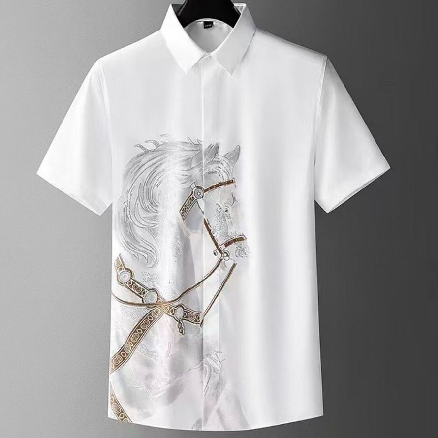 Kemeja Pria Kasual Kekinian Terbaru Motif Kuda Minimalis Lengan Pendek Import Bahan Satin Luxury Hit