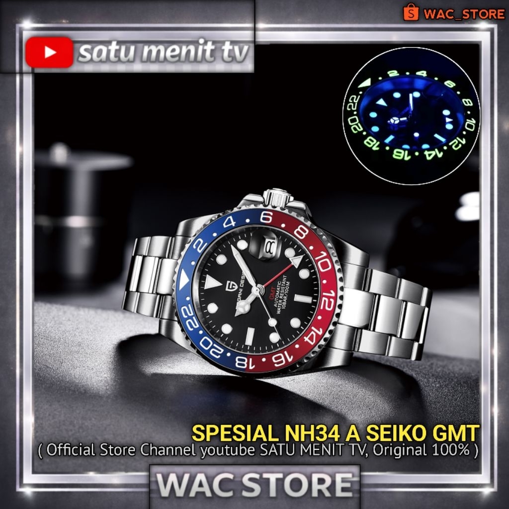 PAGANI DESIGN ORIGINAL GMT PEPSI NH34 SEIKO VERSI NEW BEZEL MENYALA  TERANG KACA SAFIR + AR