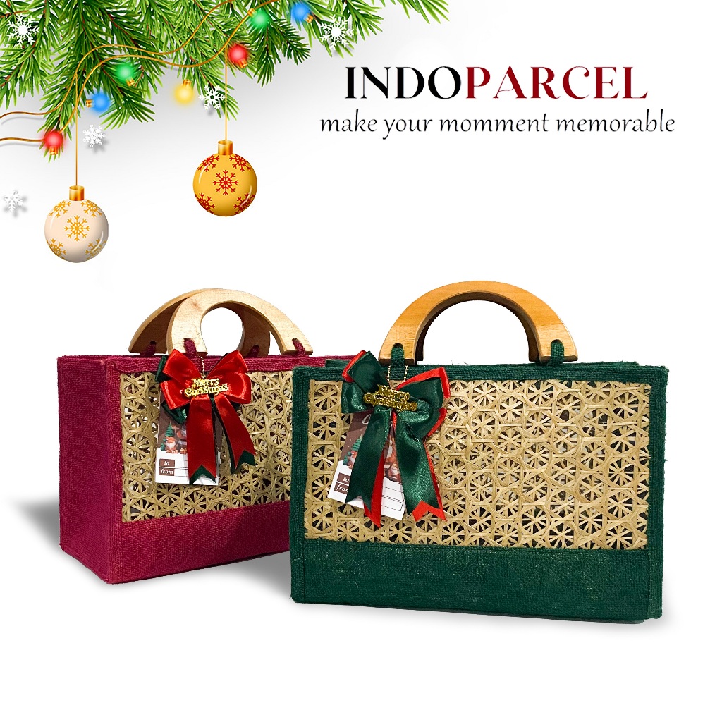 INDOPARCEL - Tas Hampers Natal Anyaman Goni Handle Kayu Kombinasi Anyaman Bambu Bungkus Kemasan Tas 