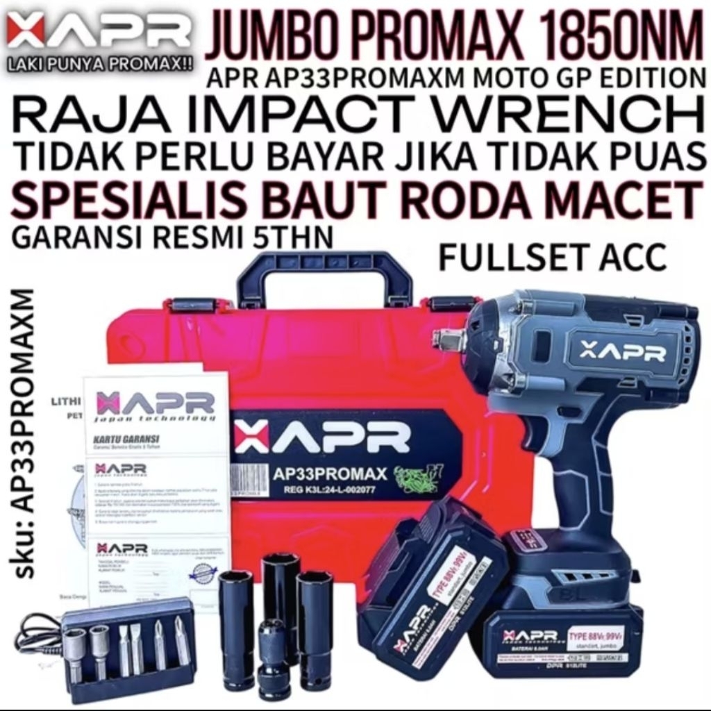 Impact 1850nm 1/2inch APR AP33PROMAXM Raja Impek Wrench 2 baterai