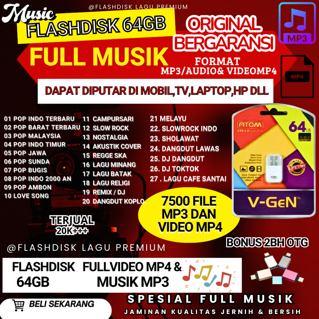 [BISA COD] Flashdisk V-Gen 32GB 64GB Isi 7500 Lagu MP3 & Video MP4 Terlengkap - Bonus 2 OTG - USB Mu