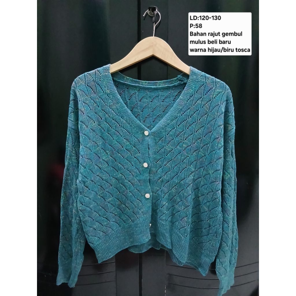 (COD)Atasan cardigan rajut jaring wanita oversize/big size warna hijau tosca motif oreo