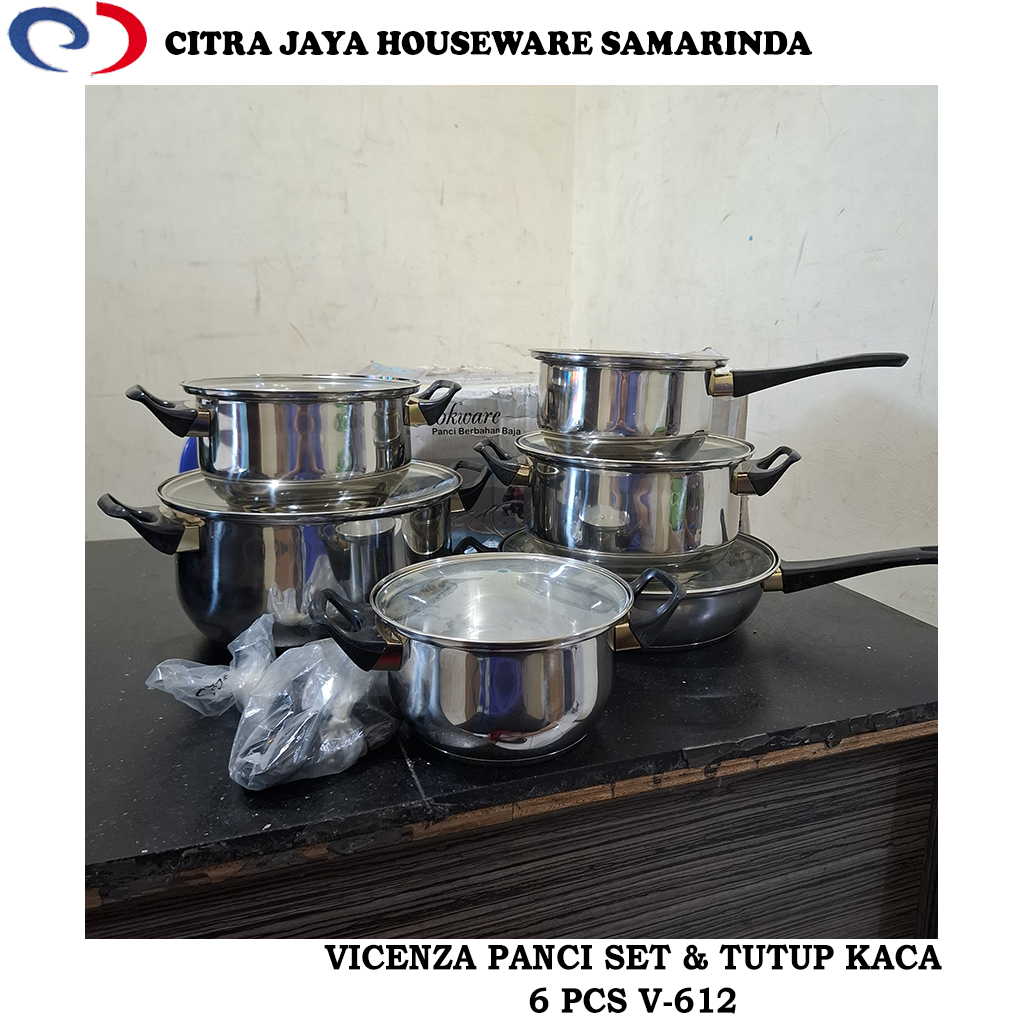 Panci Set Stainless & Tutup Kaca Isi 6 PCS VICENZA V-612 (PER 1 SET)
