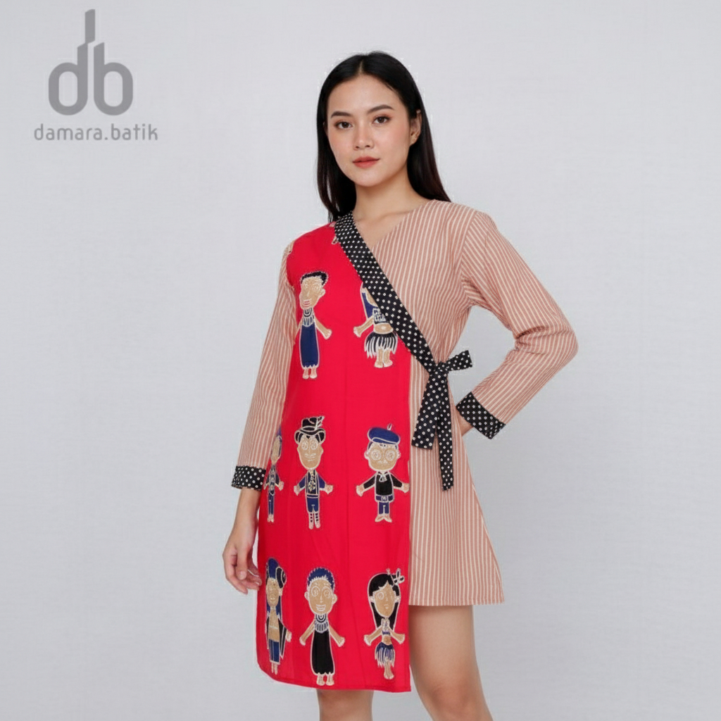 TC05 - Dress Batik Kimono Wanita Lengan Panjang Motif Salur Karakter Merah