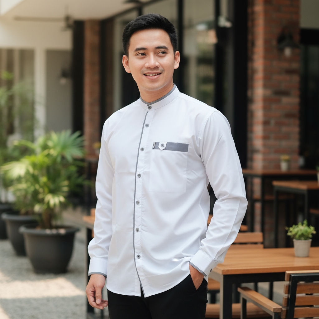 Baju Koko pria Dewasa Atasan Muslim Pria Dewasa Lengan Panjang Polos Putih - Kemko List Series