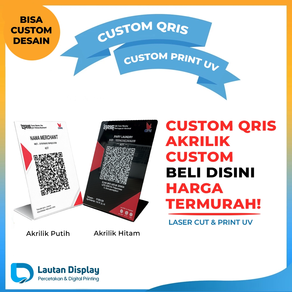 Tent Akrilik Stand Qris A5 & A6 Type L - Stiker / Print UV Premium 2mm Acrylic Hitam / Putih 2mm