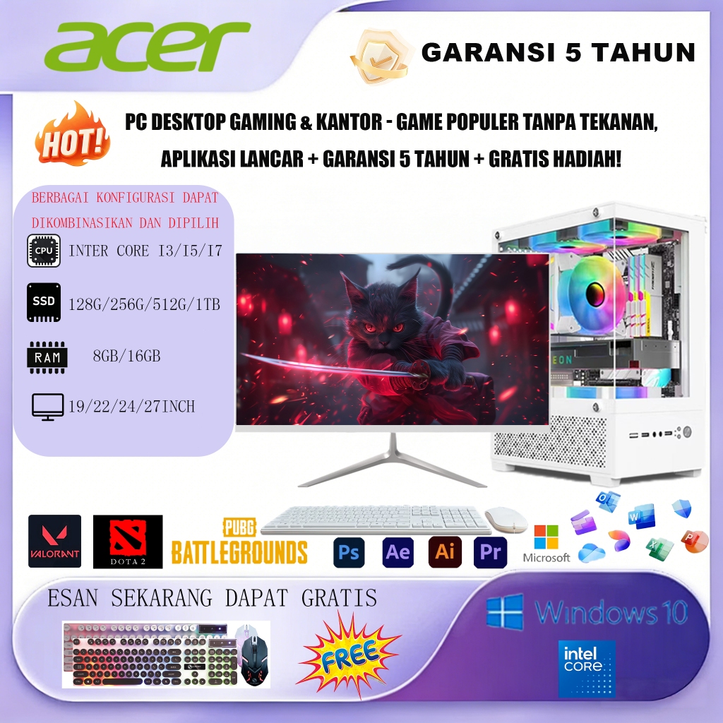 Acer PC Komputer Full Set 12-inti baru Desktop CPU Intel Core i5/i7/i9 Nvidia VGA GTX750 RTX1650/305