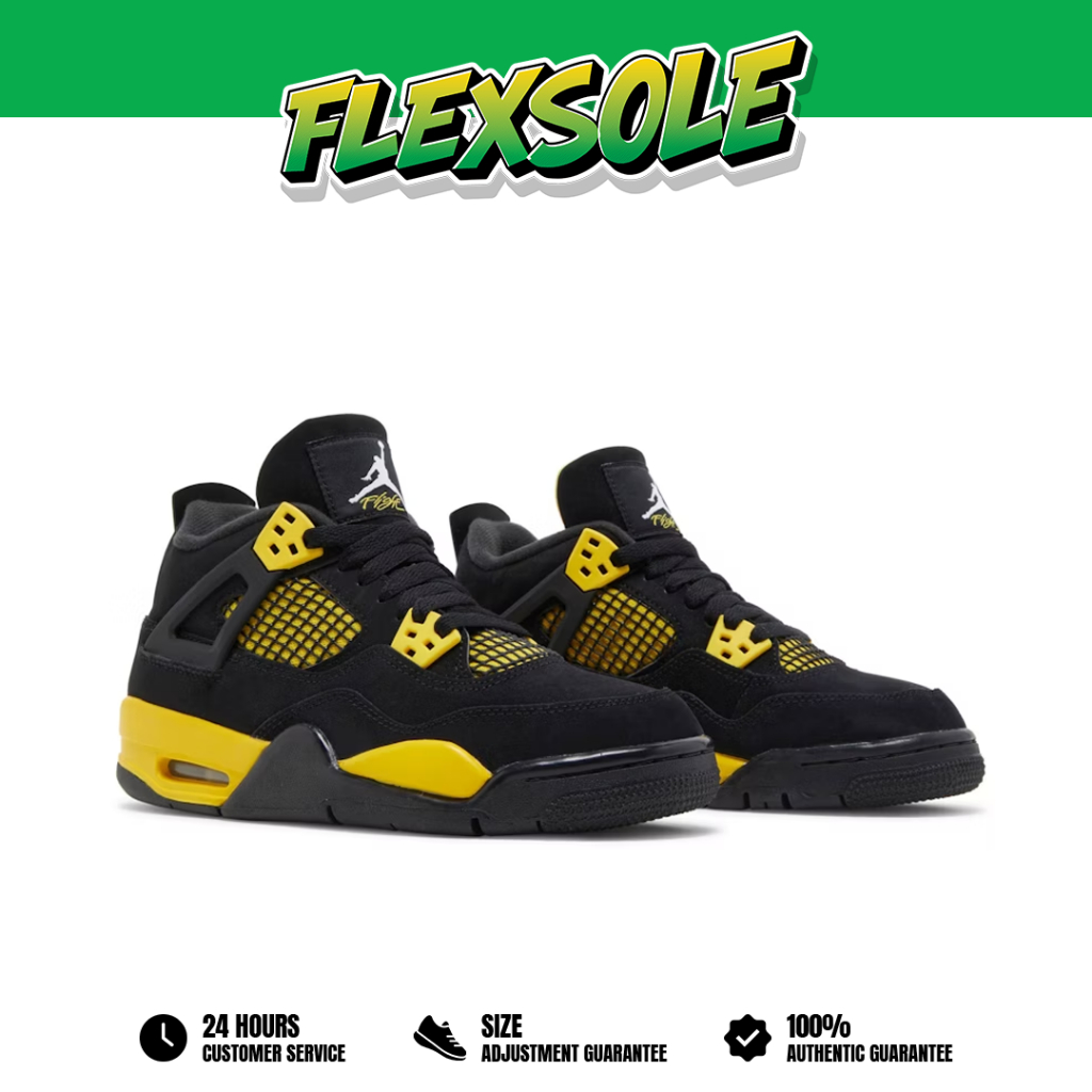 Sepatu Nike Air Jordan 4 Retro Black Thunder Yellow Sneakers Authentic