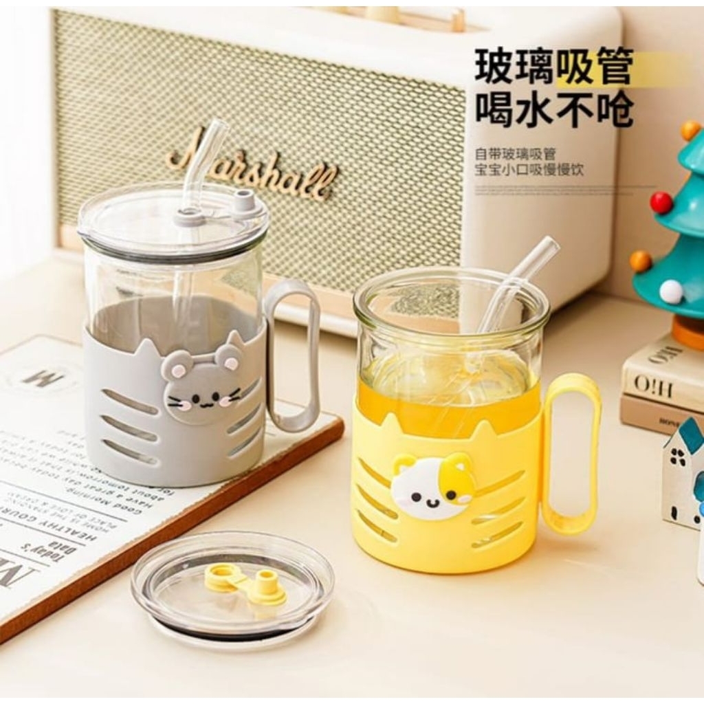 Gelas minum kaca gagang motif Animal