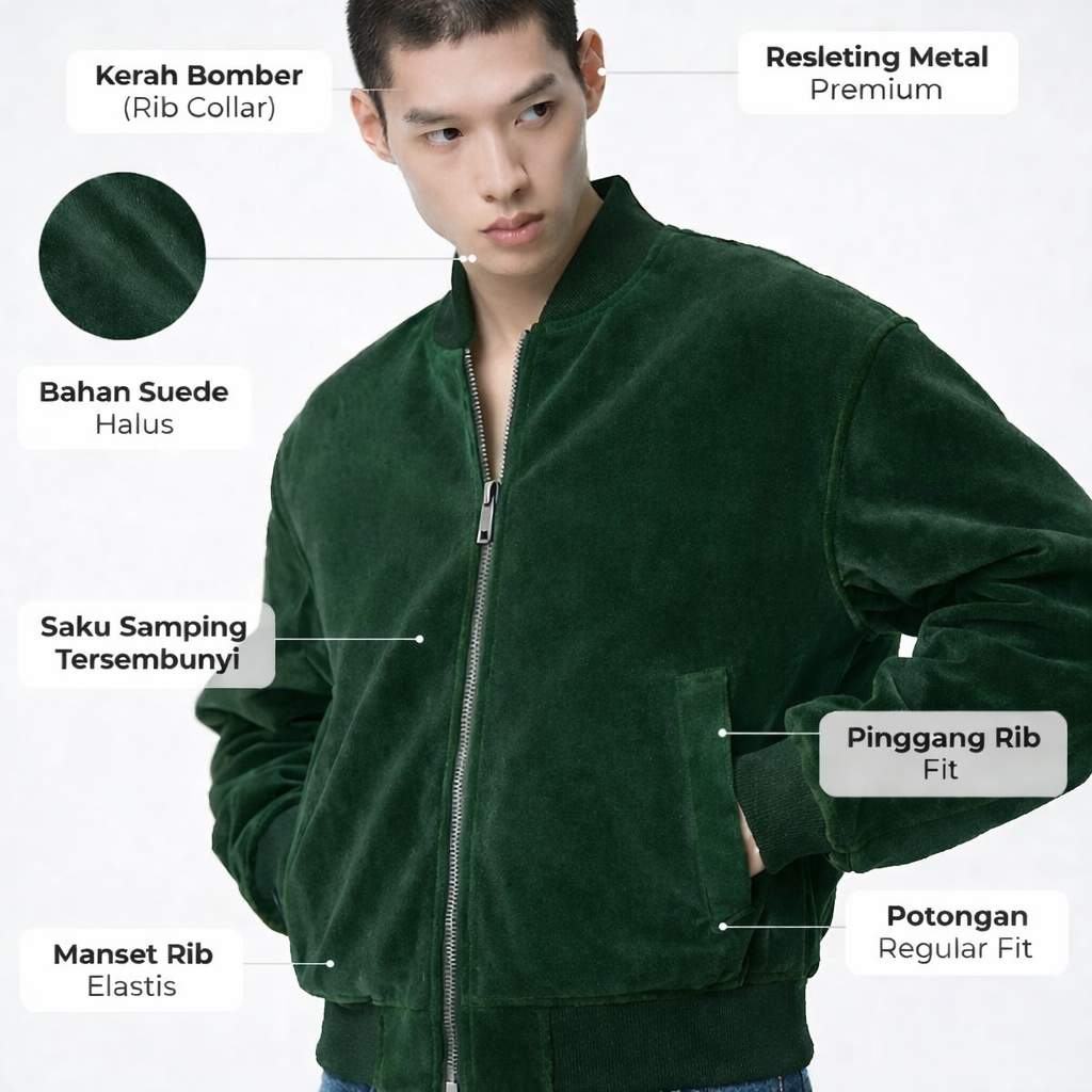Mortals Jaket Bomber Pria Suede Green Hijau Botol Luxury Premium - Jaket Bomber Suede