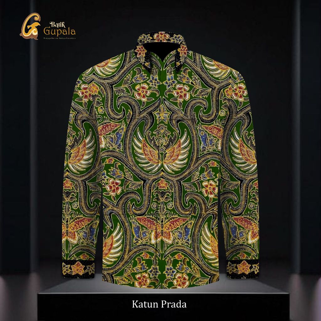 Gupala Batik - Kain Kemeja Batik Tulis Katun Prada Tinta Emas - Motif Gurdo warna Hijau Army