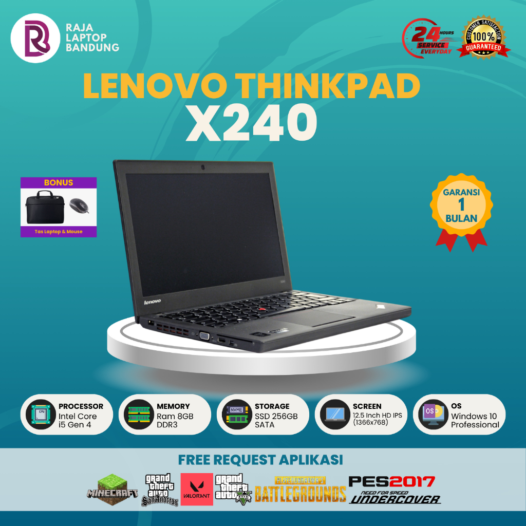 Laptop Lenovo Thinkpad X240 X250 X260 Core i5 Gen 4 RAM 8GB SSD 256GB Layar 12 Inch HD Second Ori