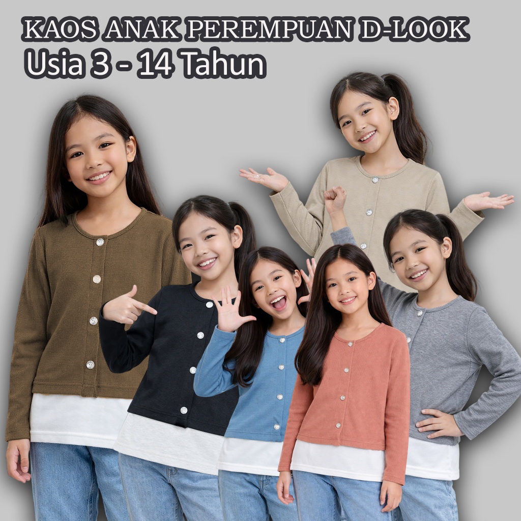 Baju Anak Perempuan Lengan Panjang D-Look Usia 3–14 Tahun Kaos Rib Kancing Depan
