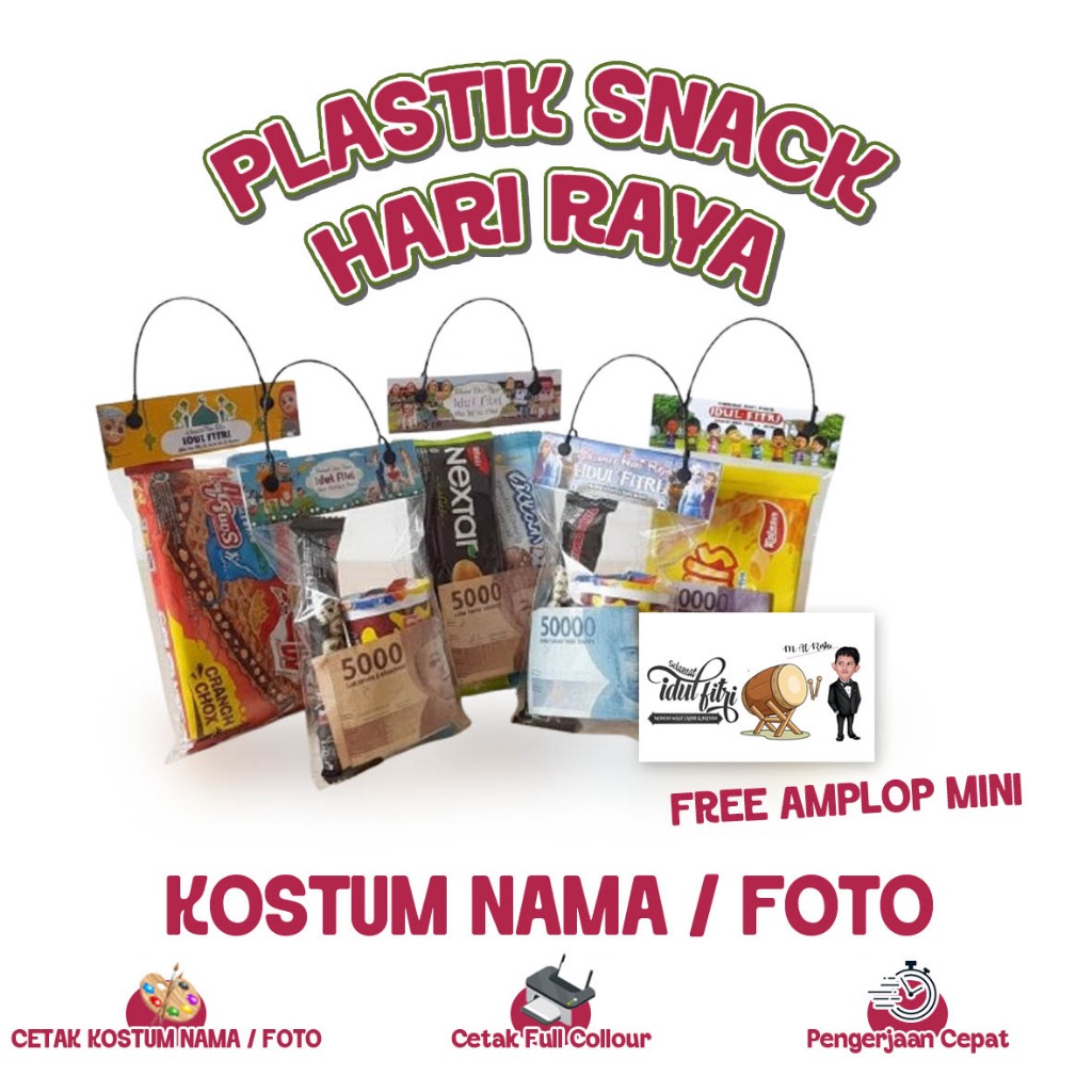 Plastik Snack Hari Raya FREE AMPLOP - KOSTUM NAMA / FOTO 17x25 || Tas Pelastik Snack - Tas Hampers M