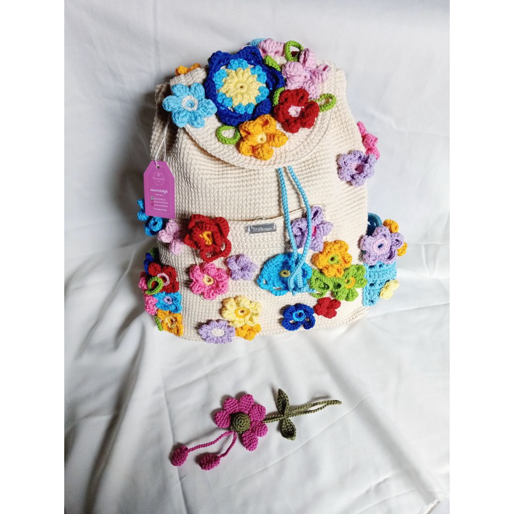 ransel rajut kombinasi bunga//tas rajut handmade 100%//tas rajut murah