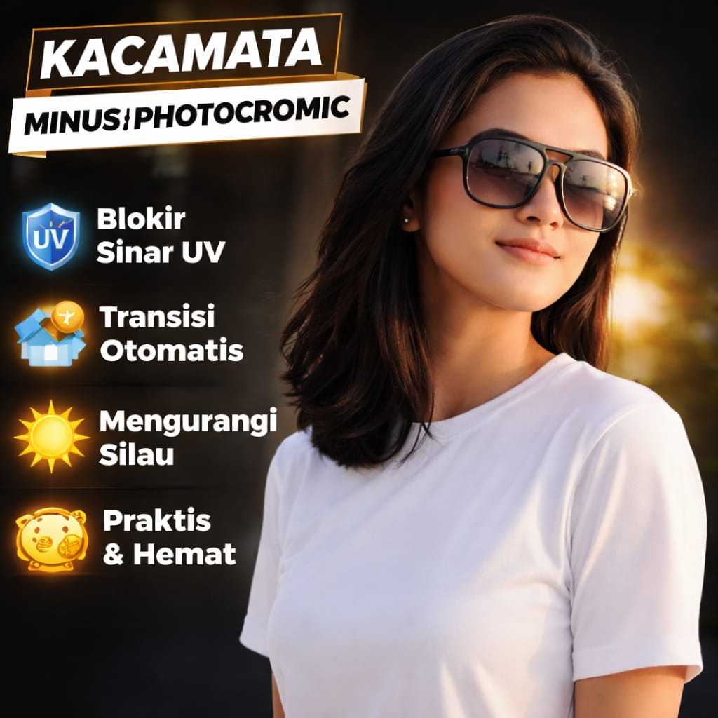 Kacamata Minus Photochromic Pria Wanita Model Aviator Retro Frame Plastik Kaca Mata Cowok Rabun Jauh
