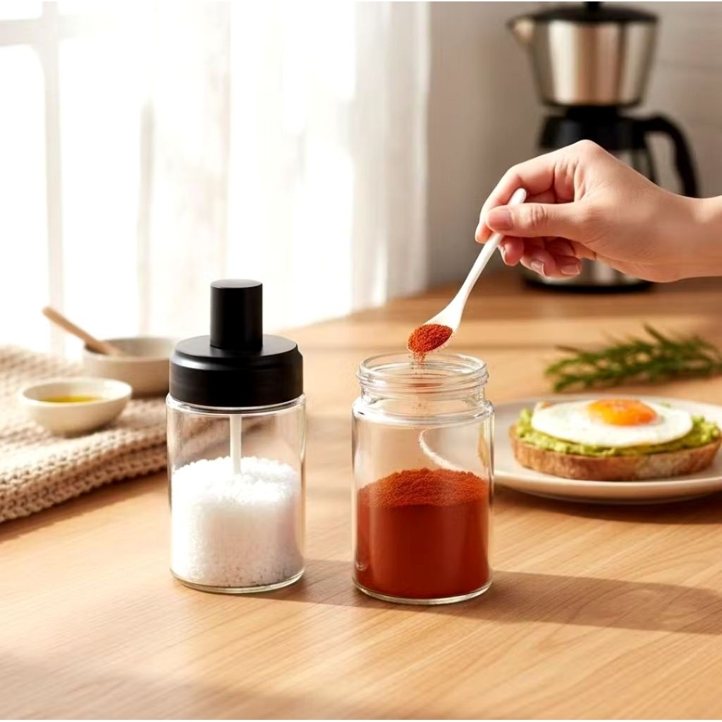 4 Pcs Tempat Botol Bumbu Dapur Kaca Transparan 250ml - Kedap Udara, Sendok di Tutup, Desain Unik