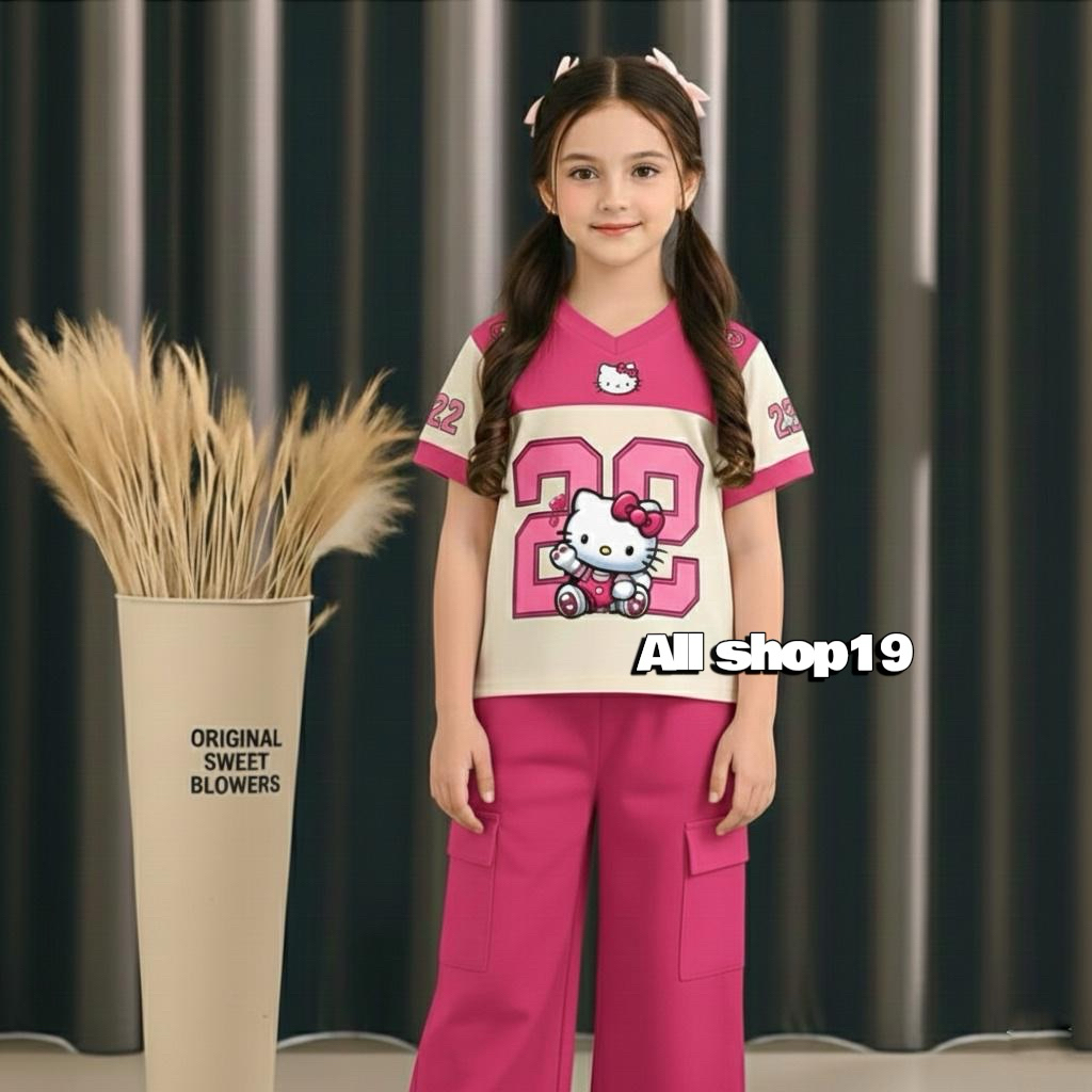 Setelan jersey anak perempuan viral baju anak cewek motif hello kitty angka 22 untuk anak usia 3-12 