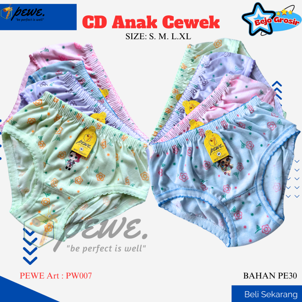 12 Pcs Grosir CD Karakter Bunga Full Print cewek umur 1-10 tahun Tebal Murah merek Pewe | Celana Dal