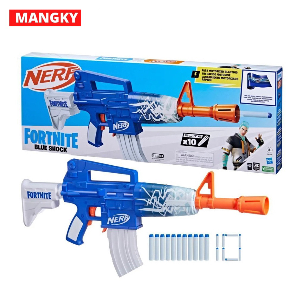 Nerf Fortnite Blue Shock Dart Blaster, 10-Dart Clip, 10 Elite Nerf Darts, Unlock Code