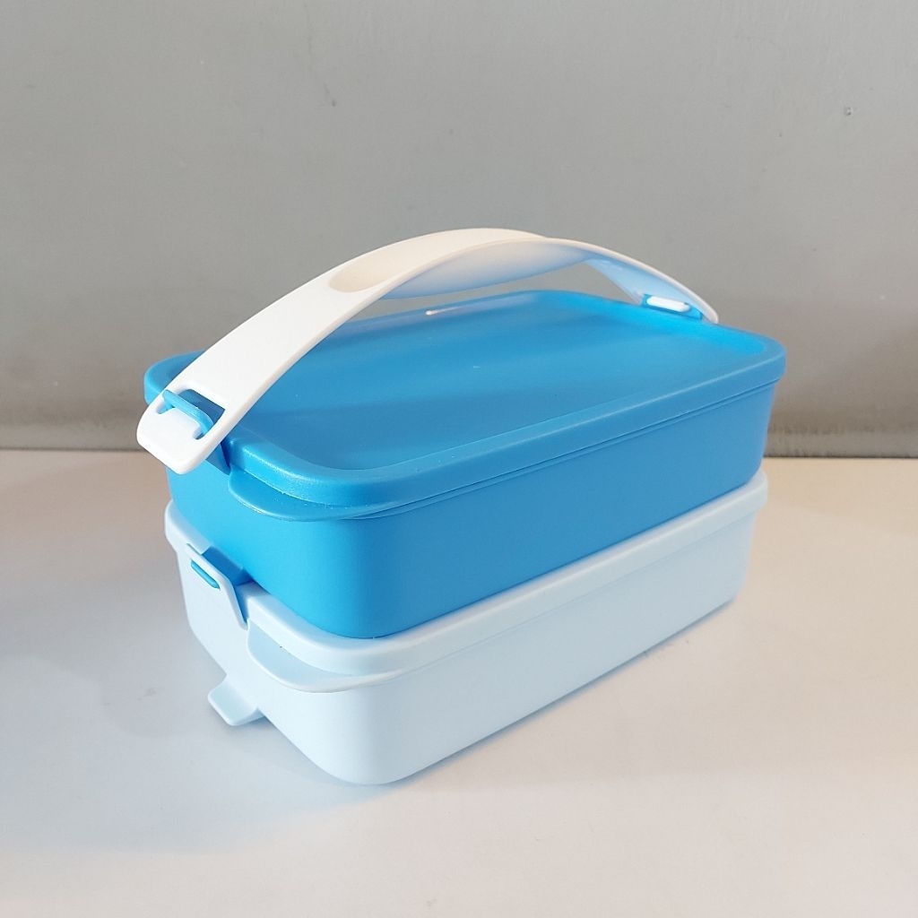 Tupperware click to go rectangular 900ml set biru 2 layer rantang bawa bekal rantang promo