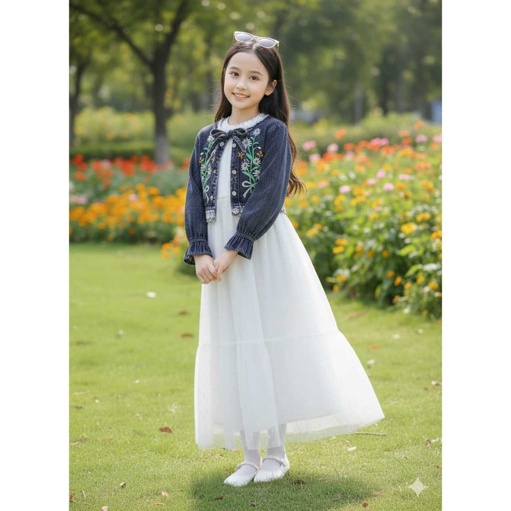 Gamis Anak Gempi Rompi Jeans Bordir Mix Shakila Kombi Brukat Anak Muslimah Kekinian Usia 3 - 10 Tahu