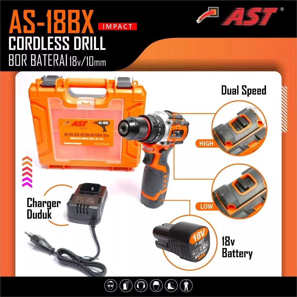 AST Mesin Bor Baterai AS-18BX IMPACT BETON BRUSHLESS AS18BX 18V 10mm / Cordless Drill 18BX BRUSHLESS