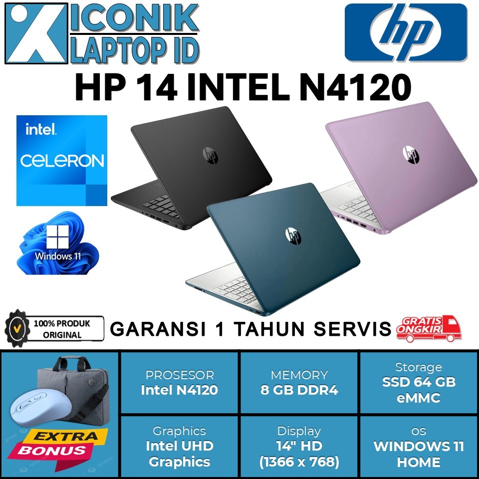 Laptop Sekolah Hp 14 intel N4120 Ram 8GB 14.0 Touchscreen WIN 11 HOME