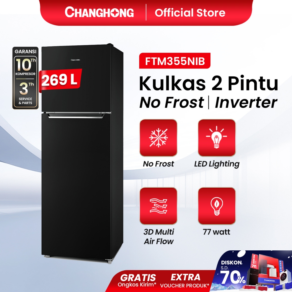 Changhong Kulkas 2 Pintu  (Refrigerator) kulkas Inverter No Frost tanpa Bunga Es Lemari Es Kapasitas