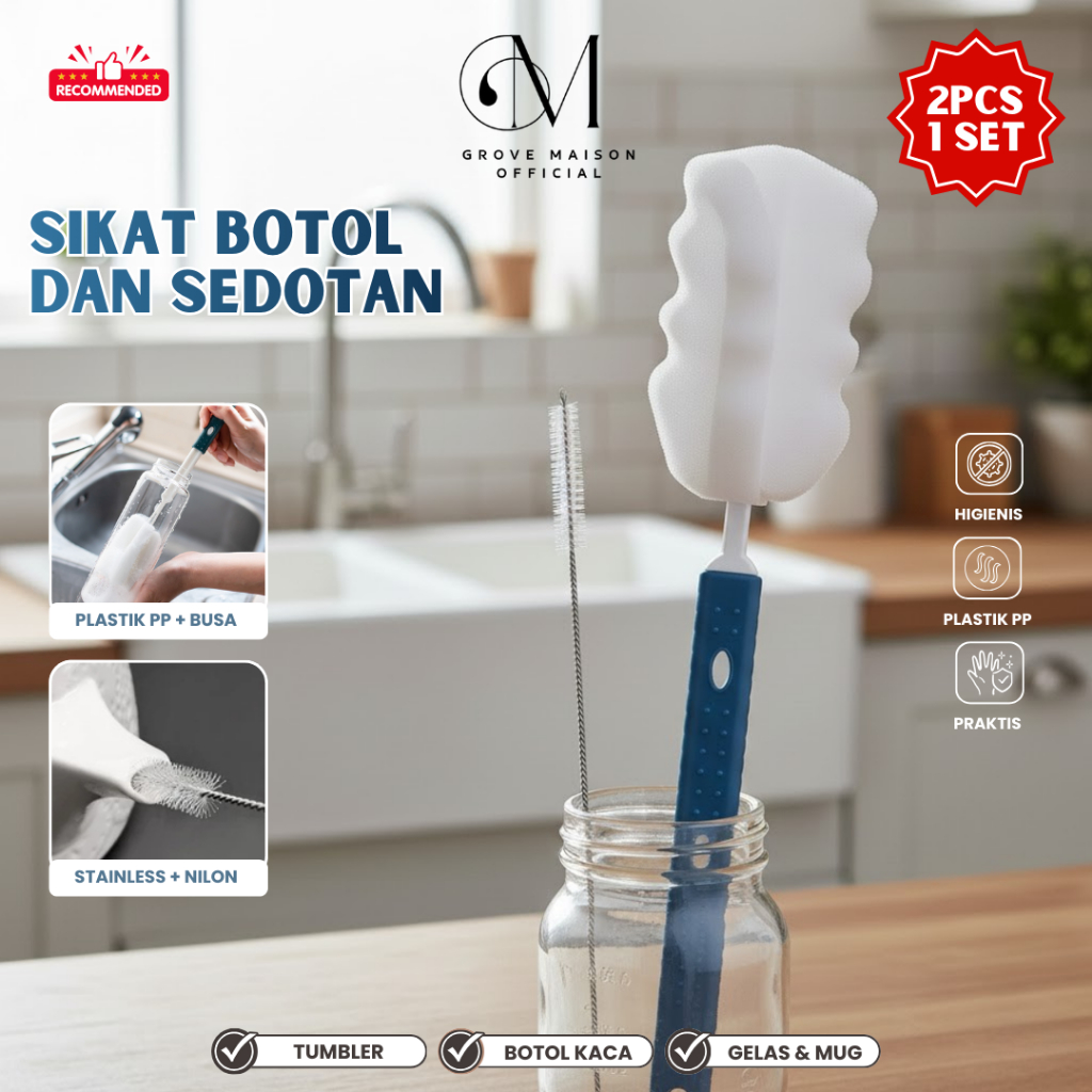 GROVE MAISON Sikat Botol & Sikat Sedotan Set 2 pcs | Pembersih Botol Minum, Tumbler, Botol Bayi & Se