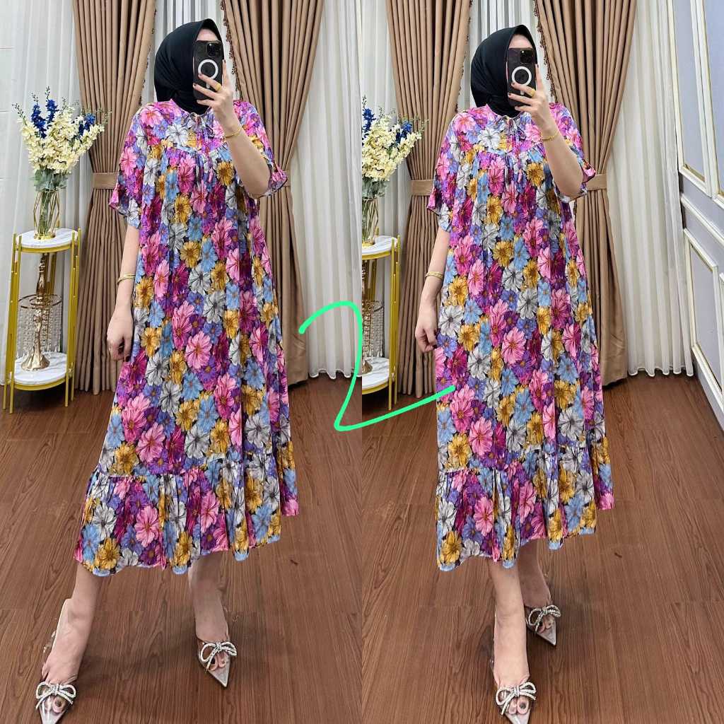 QF. MIDI DRESS KATUN RAYON MOTIF TERBARU / MIDI DRESS WANITA / MIDI DRESS