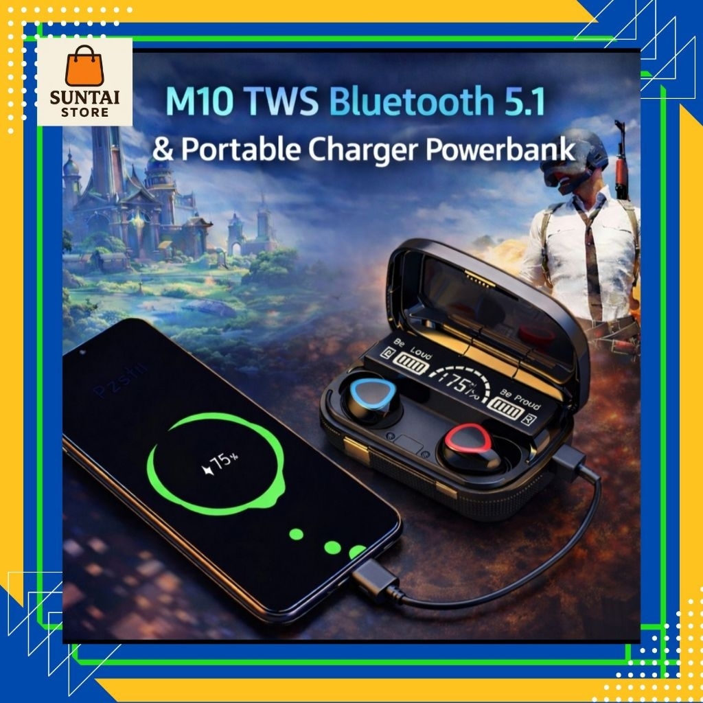 M10 Headset TWS Powerbank Gaming Bluetooth 5.1 Wireless LED Long Battery HIFi Bass Stereo Earbuds Ea