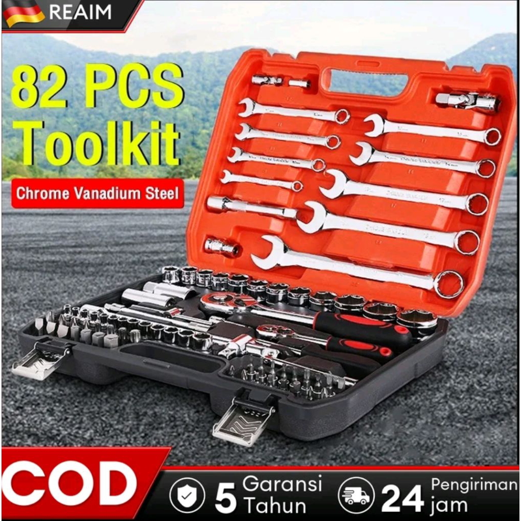 [ Diskon Besar ] Reaim 82pcs Tool Kit KunciShock Set/Alat Perbaikan Mobil Profesional/Kunci Socket S