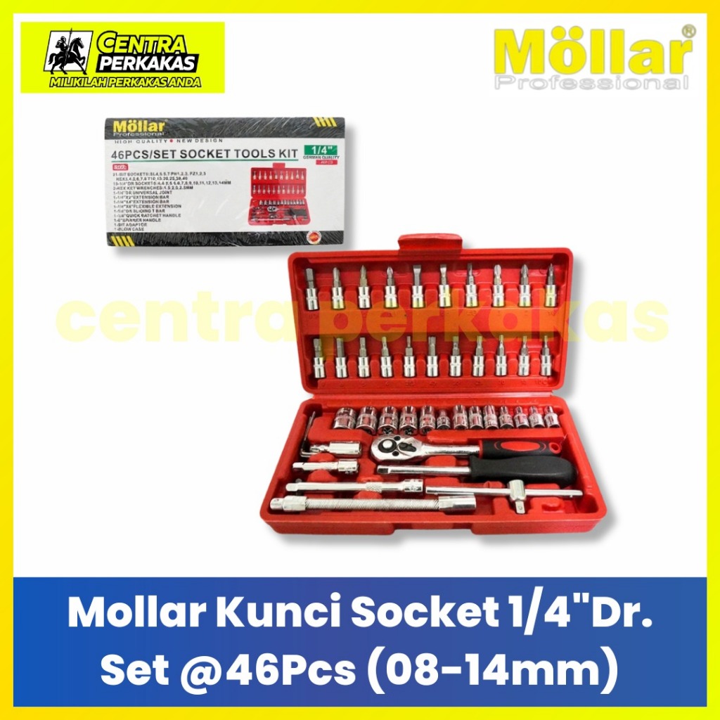 MOLLAR Kunci Socket Set 1/4" 46 Pcs Kunci Sok Mollar 46pcs Socket Wrench Set