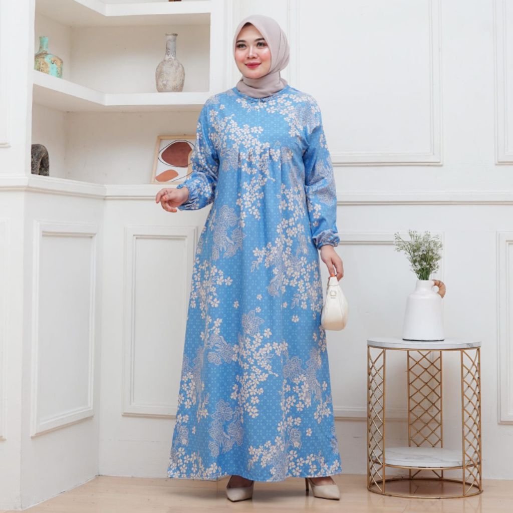 Gamis Bunga Rayon Larisso Motif Midi Dress Baju Lebaran Busana Muslim Wanita Murah Santriwati Modern