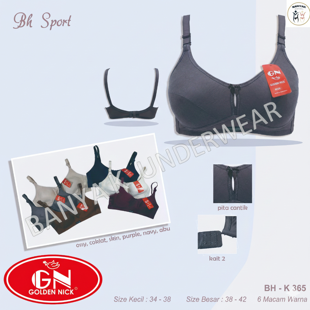 Golden Nick Bra Perempuan Sport K365 BH Wanita Isi 3 Pcs Mix Warna Tanpa Kawat Bahan Rayon Lembut Ny