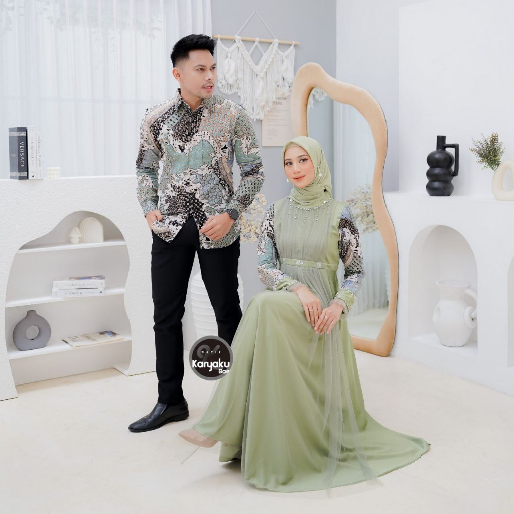 Batik Couple Modern Sarimbit Gamis Pesta Maxmara Mix Tile Payet & Kemeja Pria Katun - Baju Kondangan
