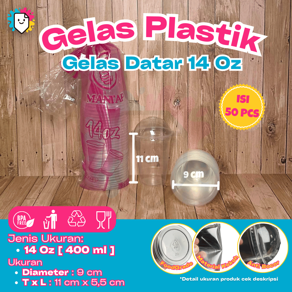 [Isi 50 PCS] Gelas Plastik Datar 14oz 400ml Gelas Plastik Cup / Gelas Plastik Bening / Cup Gelas Pla